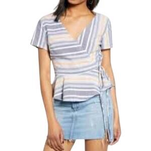 Hiatus Short Sleeve Wrap Tie Stripe Peplum Topsail Canopy V-Neck Top Small S B3